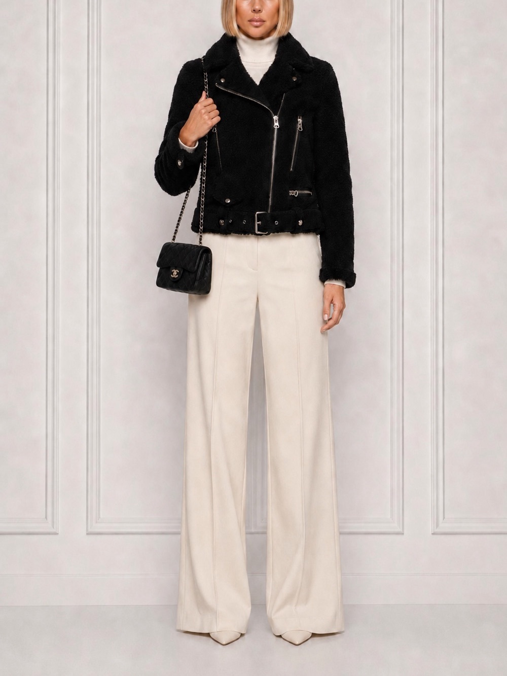 Acne Studios 100% real natural fur shearling Sherpa black moto jacket M 6 8